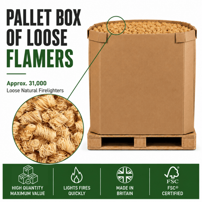 Bulk pallet box filled with loose Flamers natural firelighters, ready for repackaging